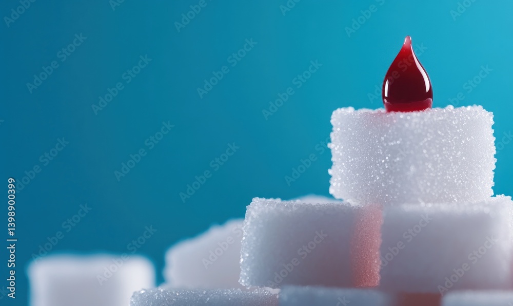 Sugar cubes stack with blood drop representing diabetes risk and unhealthy eating