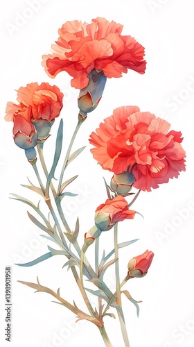Vibrant Red Carnation Blooms Isolated on White Background Displaying Delicate Petals and Green Stems with Natural Botanical Detail