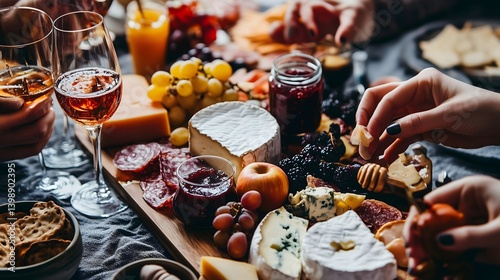 Gourmet Culinary Gathering: A meticulously composed charcuterie board presents a rich spread of cheeses, meats, fruits, and accompanying drinks amidst a convivial social gathering setting. 