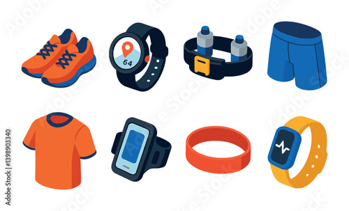 Isometric flat vector set of icons of running gear: running shoes, GPS watch, hydration belt, running shorts, performance shirt, armband, headband, smart tracker. isolated transparent background.