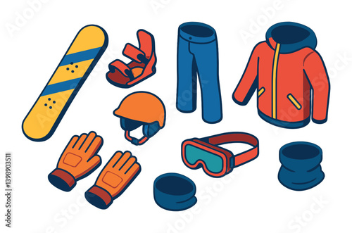 Isometric flat vector set of icons of snowboarding gear: snowboard, bindings, snow pants, helmet, goggles, gloves, snow jacket, neck gaiter. isolated transparent background.