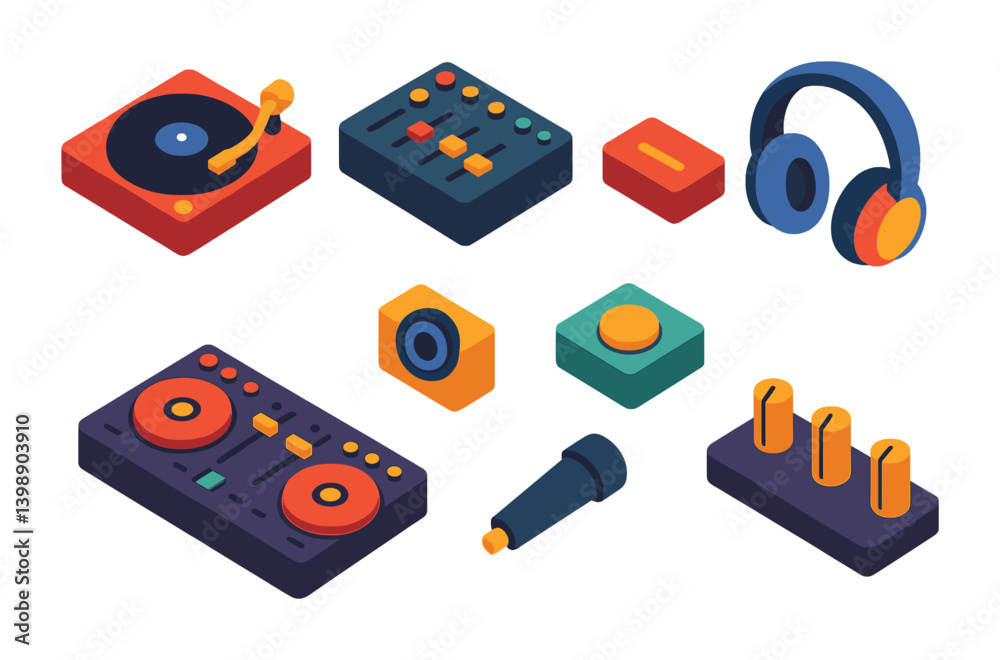 Isometric flat vector set of icons of gear settings: settings gear, adjustment knob, preferences icon, configuration cog, custom setup, control dial, gear sliders, sync icon. isolated transparent