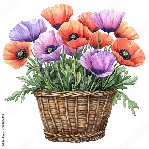 illustration of Poppy Bouquet In A Basket, watercolor vector, isolated on a white background.