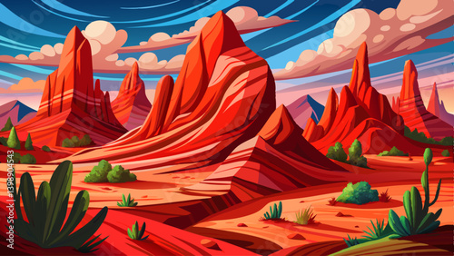 Red sandstone hills with unique shapes and textures, surrounded by dry desert flora