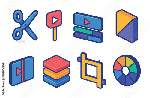 Isometric flat vector set of icons of video editing tools: cut tool, trim icon, timeline, transition icon, split clip, layer icon, crop frame, color grading. isolated transparent background.