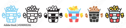 Popcorn multi style, mini illustration icon set. outline, flat, glyph, line color, UI, UX, app and web, digital or print. vector EPS 10 related to street food, food festival.
