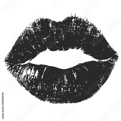 Black vector illustration of a textured, grunge-style lipstick kiss mark. Represents affection, romance, and beauty.