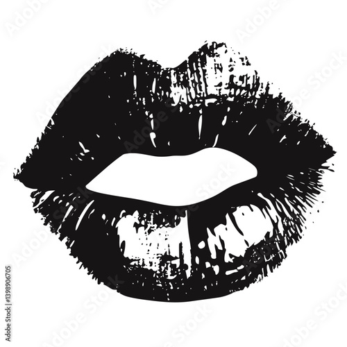 Black vector illustration of a textured, grunge-style lipstick kiss mark. Represents affection, romance, and beauty.