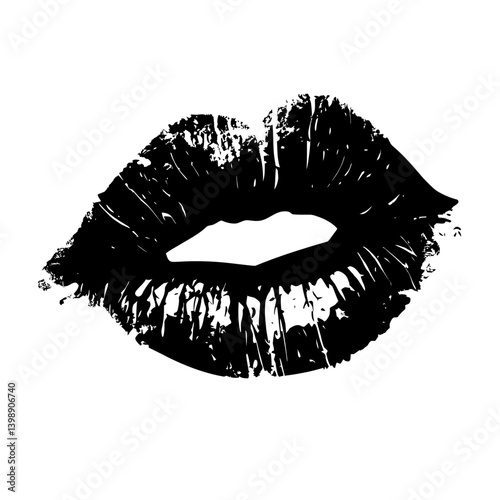 Black vector illustration of a textured, grunge-style lipstick kiss mark. Represents affection, romance, and beauty.
