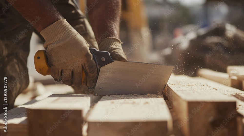 A Hispanic construction worker cutting wood with a saw at a construction site. Featuring skill and focus