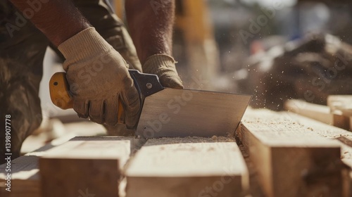 Obraz na płótnie A Hispanic construction worker cutting wood with a saw at a construction site. Featuring skill and focus w salonie