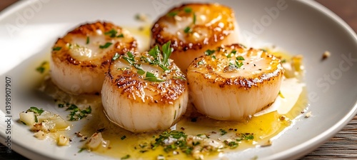 A dish of pan-seared scallops with garlic butter