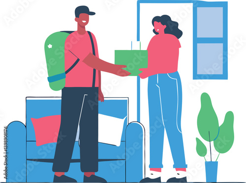 Friendly delivery interaction: postman handing over a package to a woman in her living room