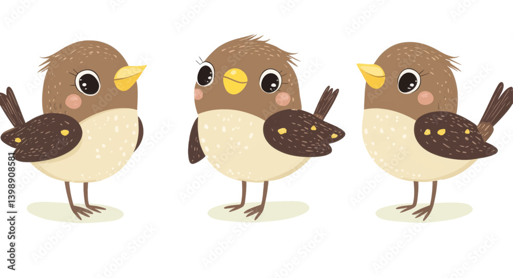 Obraz premium Modern art features cute cartoon birds in playful poses with a flat design style