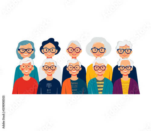 A group of elderly individuals are depicted with diverse expressions in a contemporary flat art style characterized by vibrant colors and basic shapes