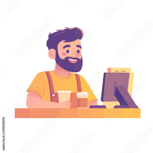 A barista at a coffee shop is depicted smiling as they hold a cup in a minimalist modern art illustration
