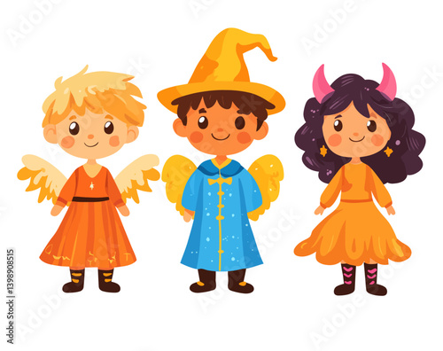 Three happy youngsters wore fairy outfits with vibrant attire displaying contemporary flat artwork