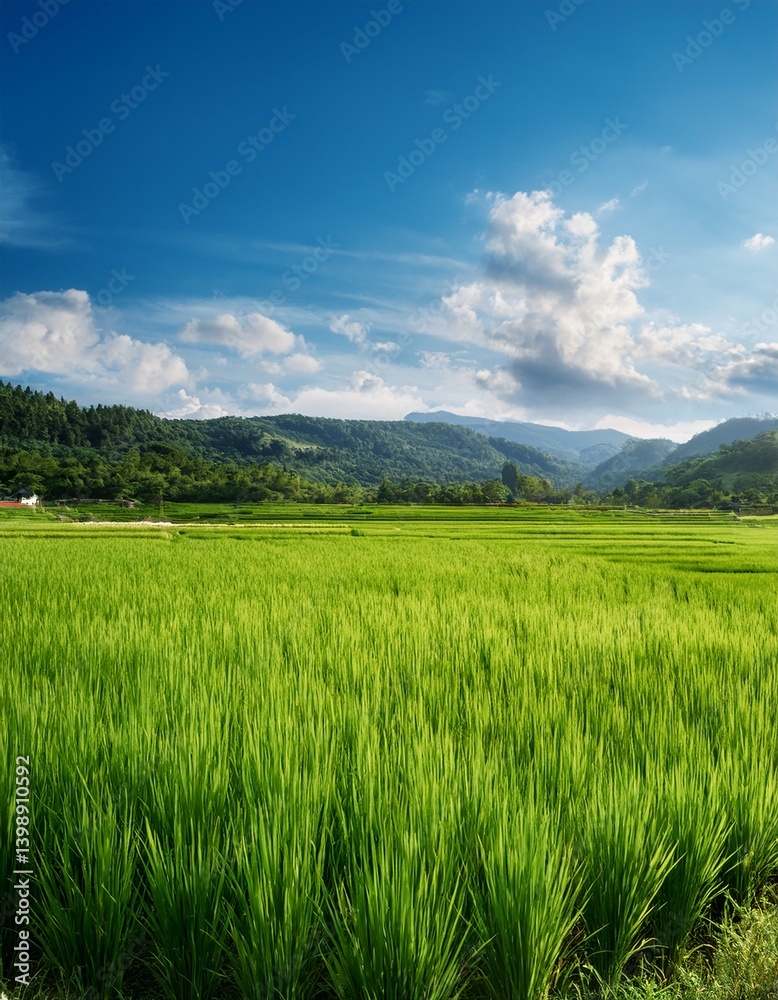 Fototapeta premium 7月の緑豊かな田園風景、太陽の光が降り注ぎ、青空と白い雲が広がる。穏やかな風に揺れる稲穂が、夏の温かい空気を感じさせる風景