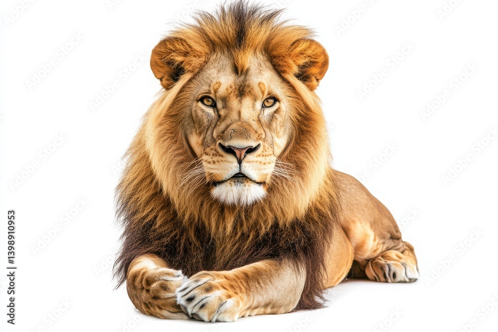 Majestic lion resting calmly on white background Majestic lion resting calmly on white background