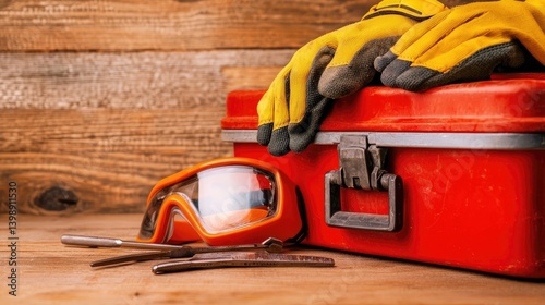 Diy tool setup safety gear and toolbox essentials in a rustic workshop environment