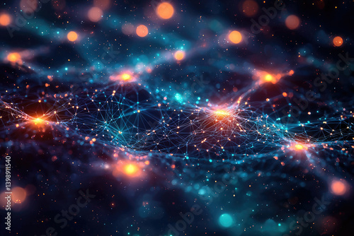 Abstract digital network, glowing nodes and connections forming a wave-like pattern in a dark space.