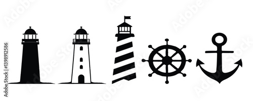 lighthouse, Vintage Nautical Banners with Maritime and Seafaring Emblems, silhouette vector style with white background Art & Illustration