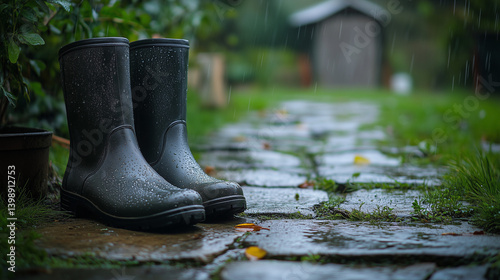 Rubber boots in the rain mood during spring gardening on a stone pathway