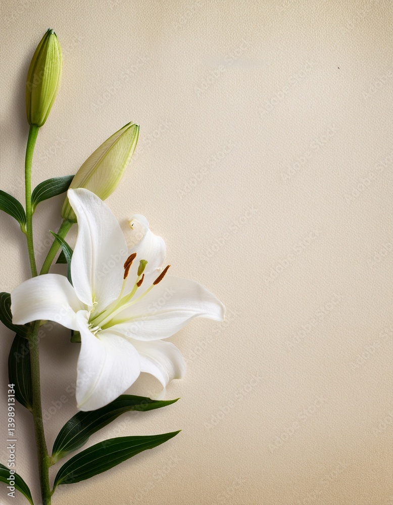 Fototapeta premium 清純な白いユリがベージュ和紙にそっと咲き、夏の夜の余韻と温もりを感じさせる構図