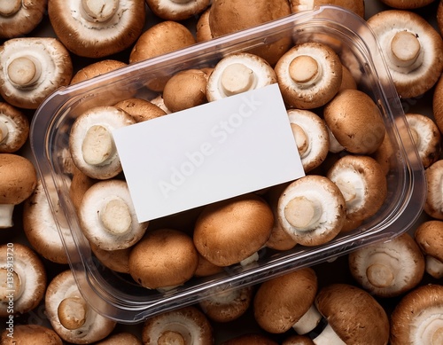 Fresh brown mushrooms in a plastic container with blank white label