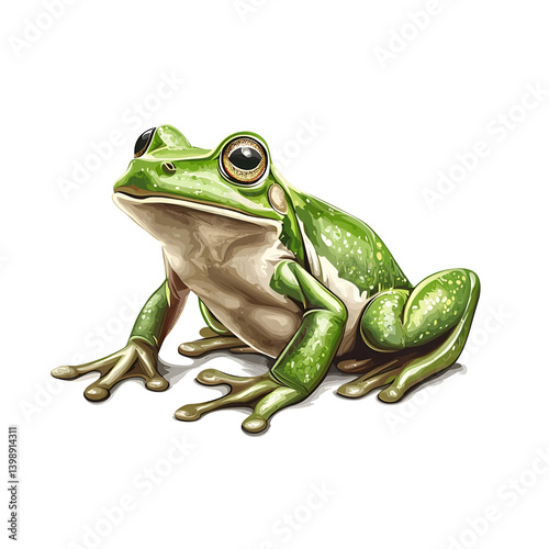 Realistic Green Frog Sitting in a Natural Pose on a Transparent Background with Detailed Texture and Expressive Eyes