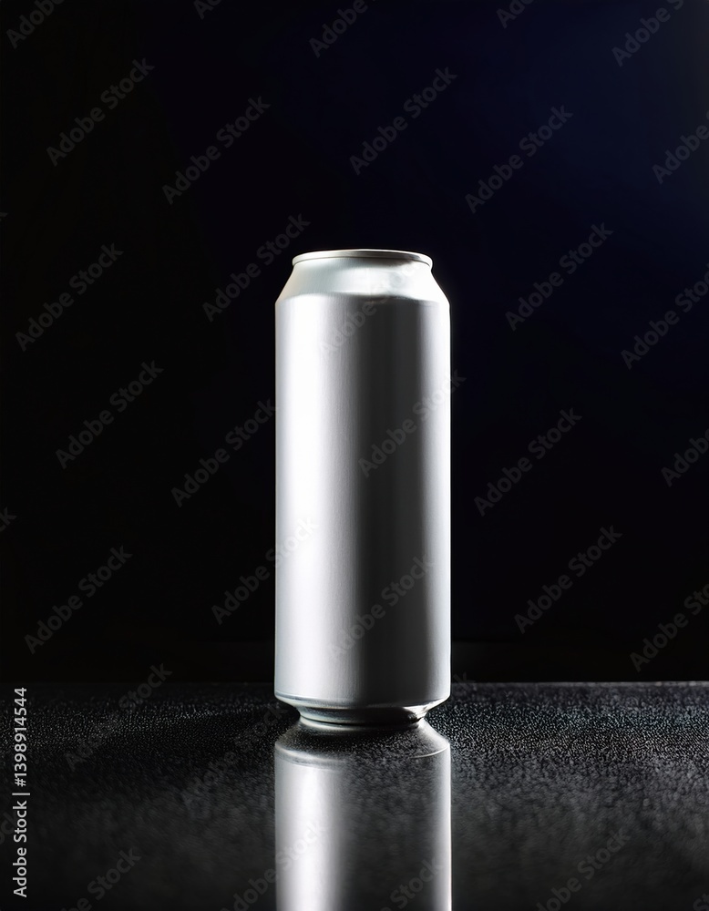 Fototapeta premium Sleek aluminum beverage can on reflective surface against dark background