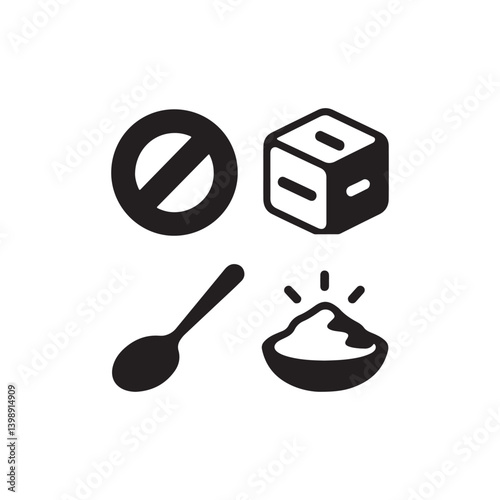 No Sugar, Spoon, and Bowl of Sugar: Dietary Restriction Icon Set.This image depicts a set of black and white icons related to sugar restrictions.