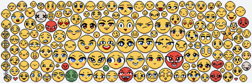 Pixel art emoji. Retro 8-bit emoticons, diverse pixelated facial expression emotions - smiling, frowning, laughing, crying, angry, loving, surprised, dizzy, dead, star-shaped and anime eyes vector set