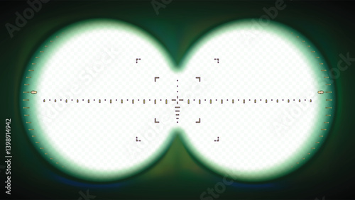 Night vision binocular viewfinder POV frame. Binocular aim sight overlay, spy view and look through the lenses of binoculars vector illustration