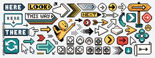 Pixel art arrows. Retro 8-bit arrow pointers, cursor pointer icons, direction signs, pointing hand gesture, keyboard arrow keys and gamepad cross buttons. Pixelated navigation game UI vector set