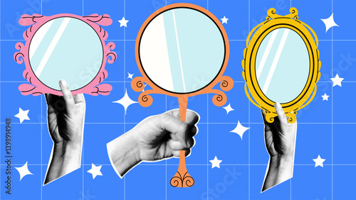 Halftone hands holding ornate vintage mirrors with different styles and colors on blue grid background with stars. Collage with different elements.