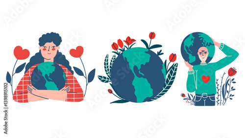 Set with people embracing the Earth. Characters holding and hugging planet. Earth Day vector hand drawn collection.