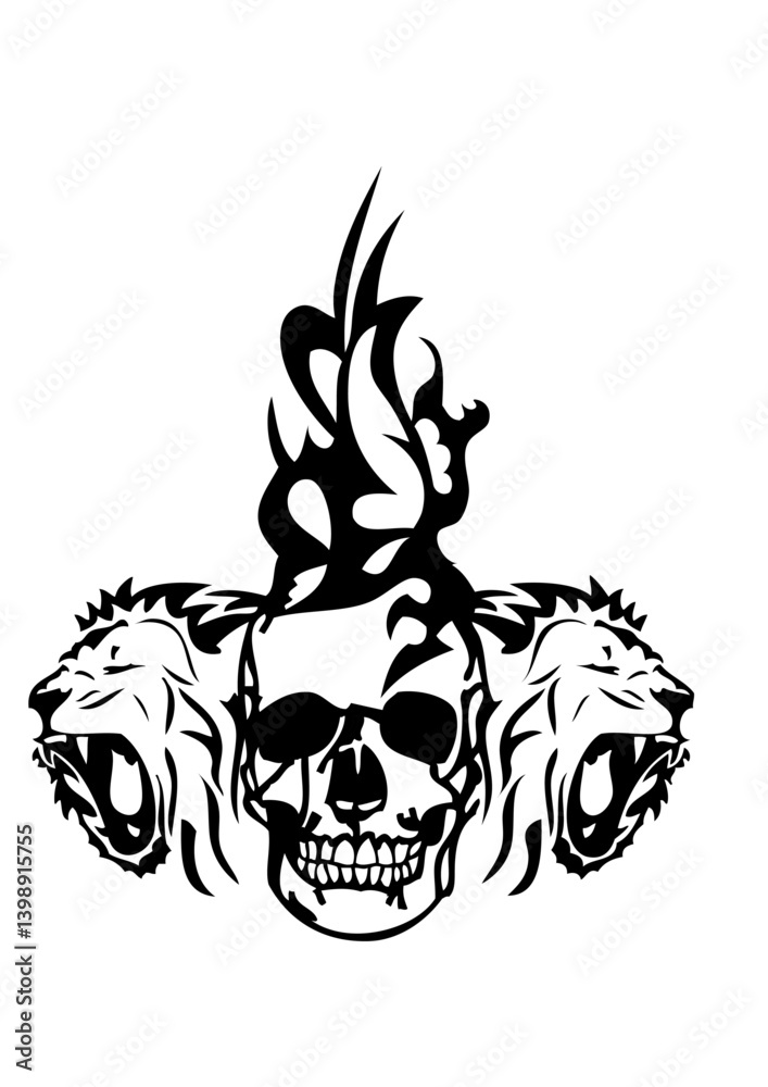 Tete de mort tribal lion tattoo tatouage