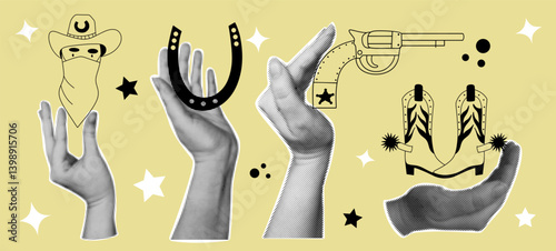 Retro western collage elements with halftone hands holding cowboy hat with bandana, horseshoe, revolver, sheriff star and cowboy boots. Wild west vector design