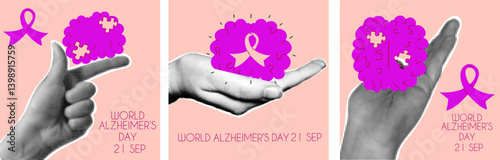 World Alzheimer's Day collage set. Halftone hands in different poses holding a stylized purple brain with puzzle piece  elements. Design medical cards