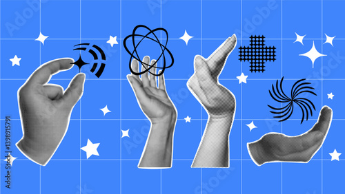 Set of retro collage elements with halftone hands holding abstract geometric shapes in Y2K style. Vintage vector  illustration