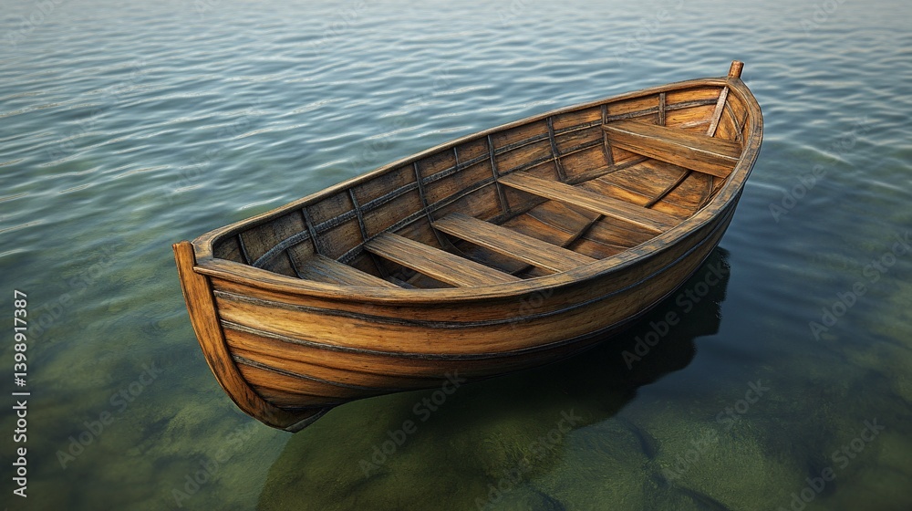 Obraz premium Wooden rowboat floats on calm water surface a peaceful serene scene.