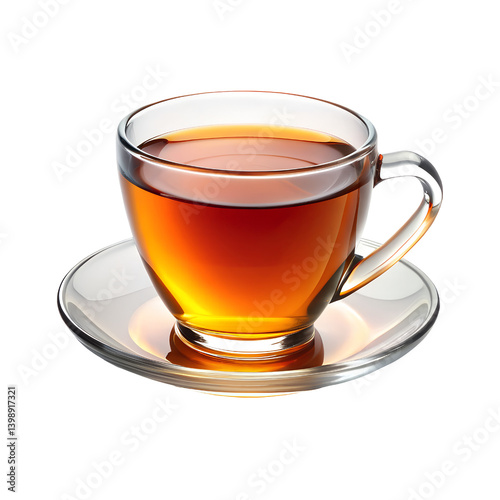 Clear glass cup of black tea on saucer close up beverage drink refreshment tea time hot drink on transparent background