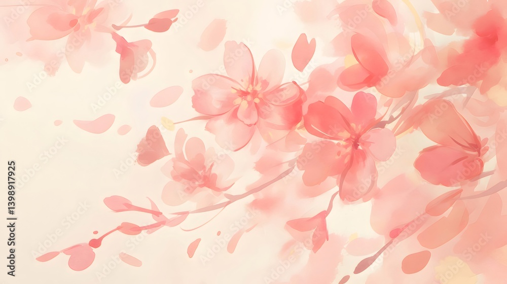 Watercolor Painting Of Pink Cherry Blossoms And Floating Petals Against Softly Lit Background Watercolor Painting Of Pink Cherry Blossoms And Floating Petals Against Softly Lit Background