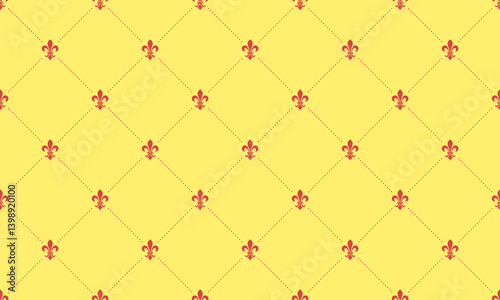 Elegant red fleurdelis pattern on a yellow background.  Perfect for regal designs, invitations, or website backgrounds.  This repeating texture conveys sophistication, heritage, and classic style.