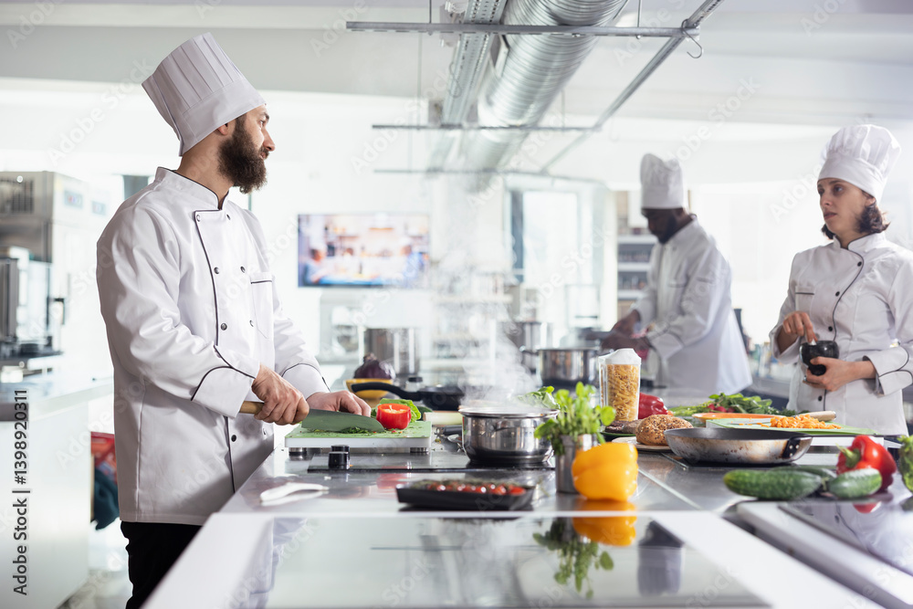 Diverse cooks cutting greenery and fresh vegetables with a knife, preparing ingredients for a new gourmet dish in restaurant kitchen. Professional culinary techniques for a fine dining experience. Diverse cooks cutting greenery and fresh vegetables with a knife, preparing ingredients for a new gourmet dish in restaurant kitchen. Professional culinary techniques for a fine dining experience.