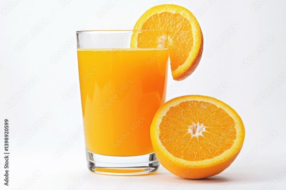 Orange juice glass with slice on white background Orange juice glass with slice on white background