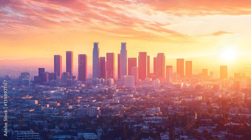 Fototapeta premium a breathtaking aerial view of a modern city skyline at sunset. The sky is ablaze with fiery colors, and the tall buildings stand tall against the glowing backdrop.