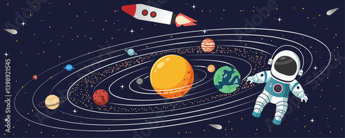 Solar System Educational Background – Cartoon Planets, Rocket, Astronaut and Orbit Lines in Space Illustration for Kids and Science Projects