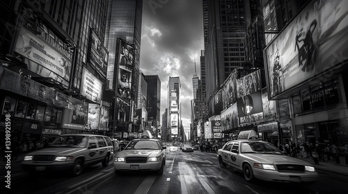 Times Square in black and white, dramatic cityscape, iconic New York street scene